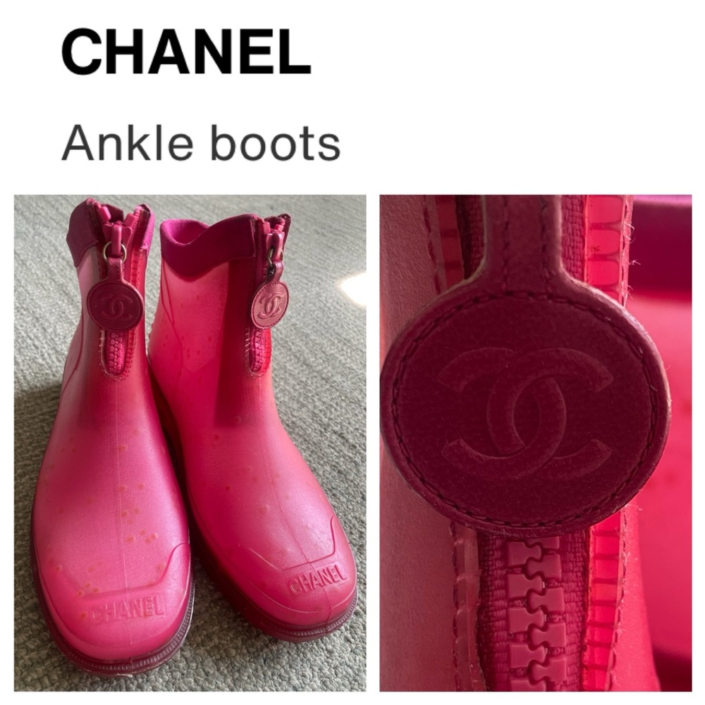 CHANEL Women’s Fuchsia Pink Rubberized Ankle Boots & Dust Bag